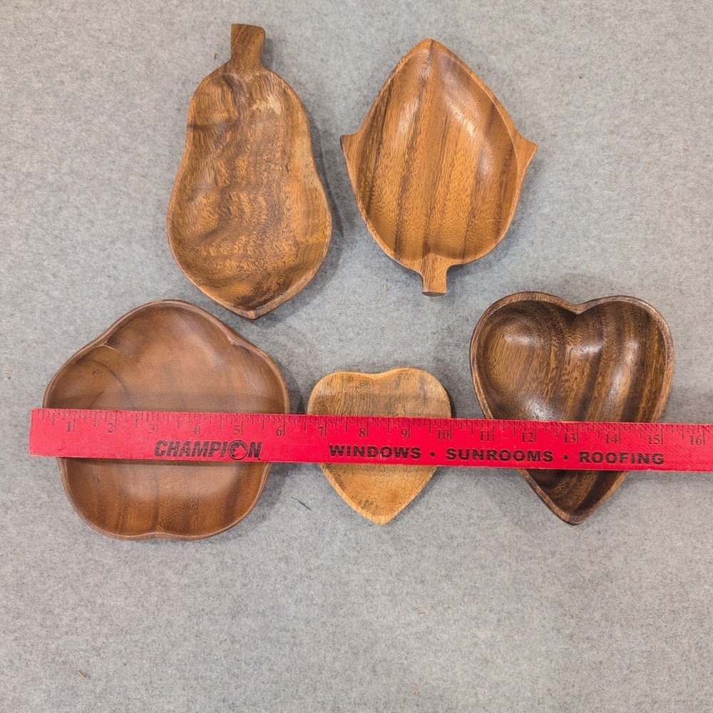 Royal Acacia Monkey Pod Wood Trinket Dish Set 5pc Heart Leaf Pear Philippines - Picture 2 of 4